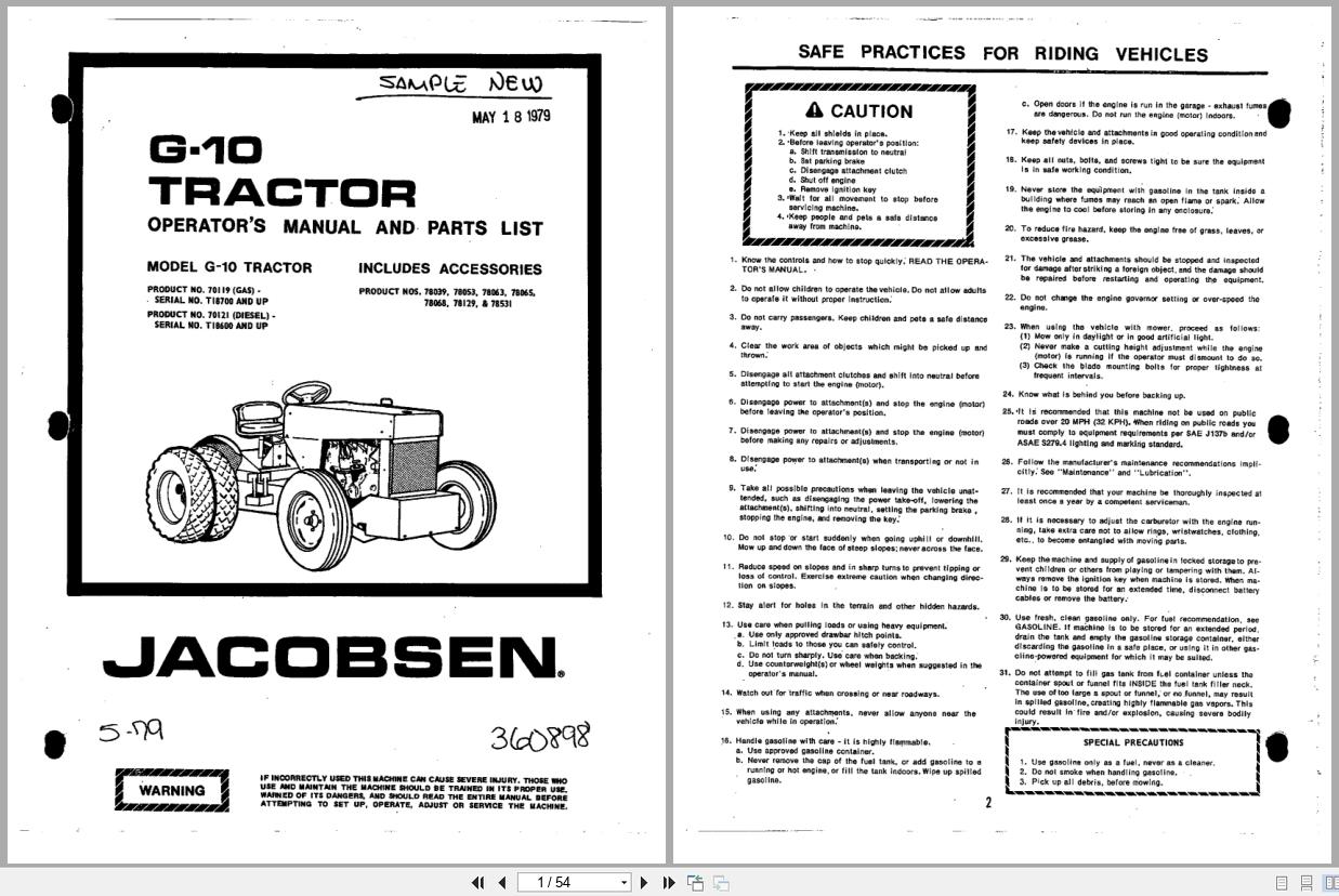 Jacobsen Tractor G 10 Operators Parts Manual 360898 1979 (1)