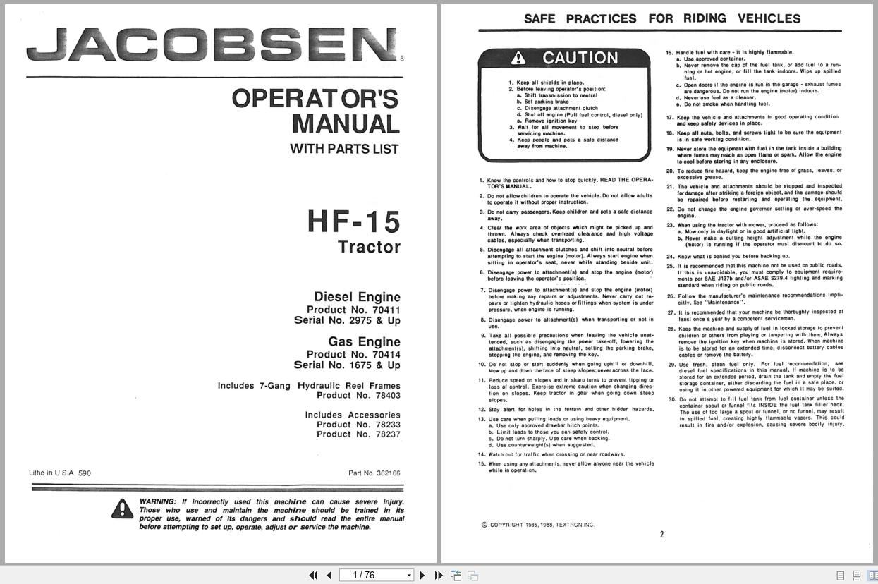 Jacobsen Tractor HF 15 Operators Parts Manual 362166 1988 (1)