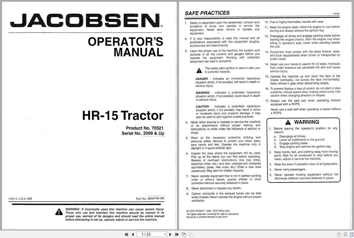 Jacobsen Tractor HR 15 Operation Manual 3004749 1996 (1)