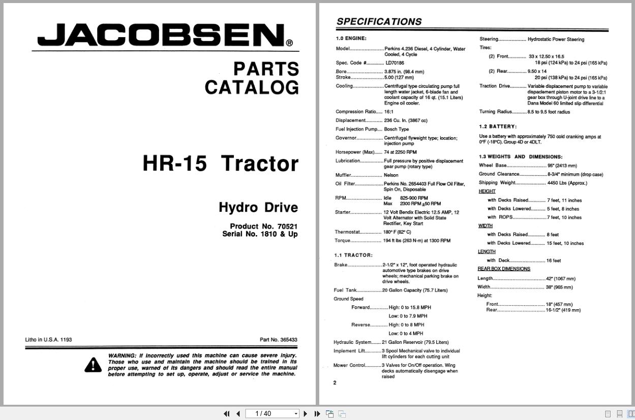 Jacobsen Tractor HR 15 Parts Catalogue 365433 (1)