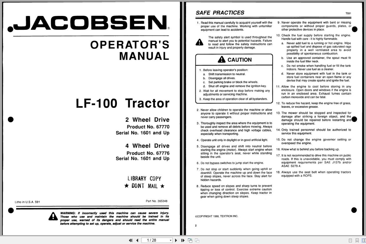 Jacobsen Tractor LF 100 Operation Manual 365348 1988 (1)