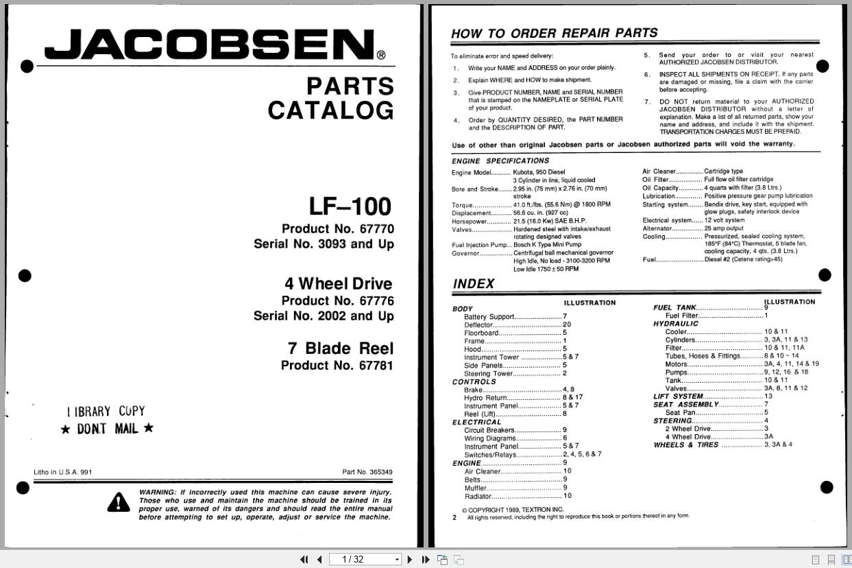Jacobsen Tractor LF 100 Parts Manual 365349 1989 (1)
