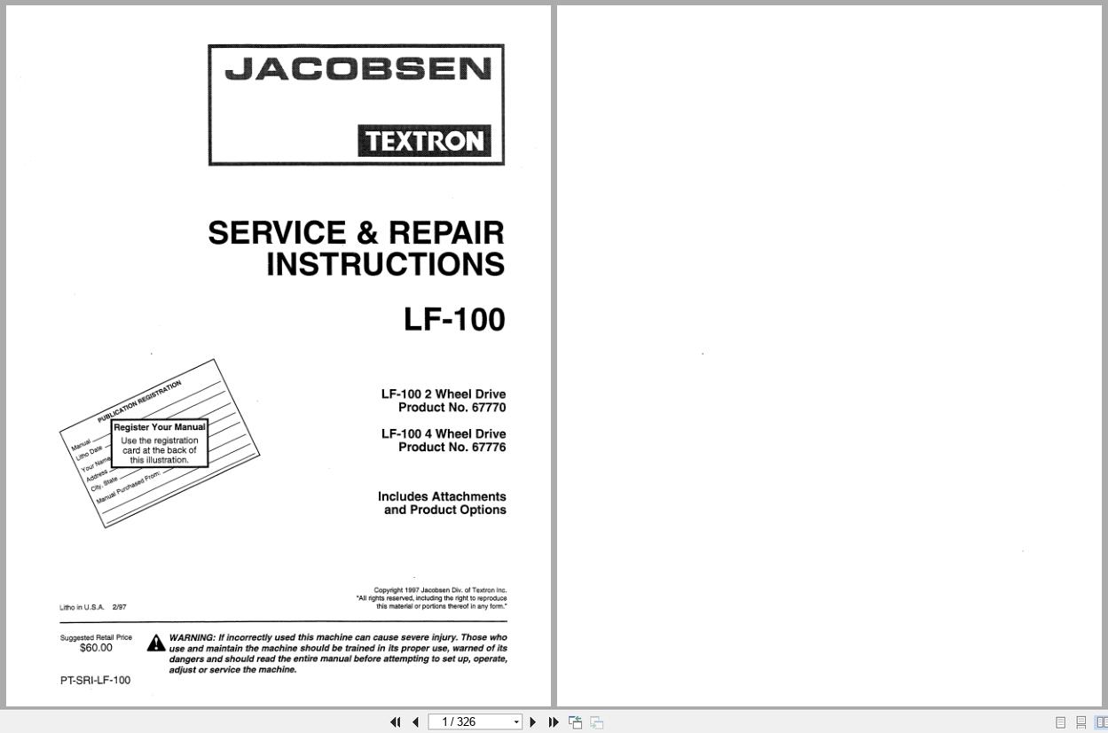 Jacobsen Tractor LF 100 Service Repair Manual 4171659 1997 (1)