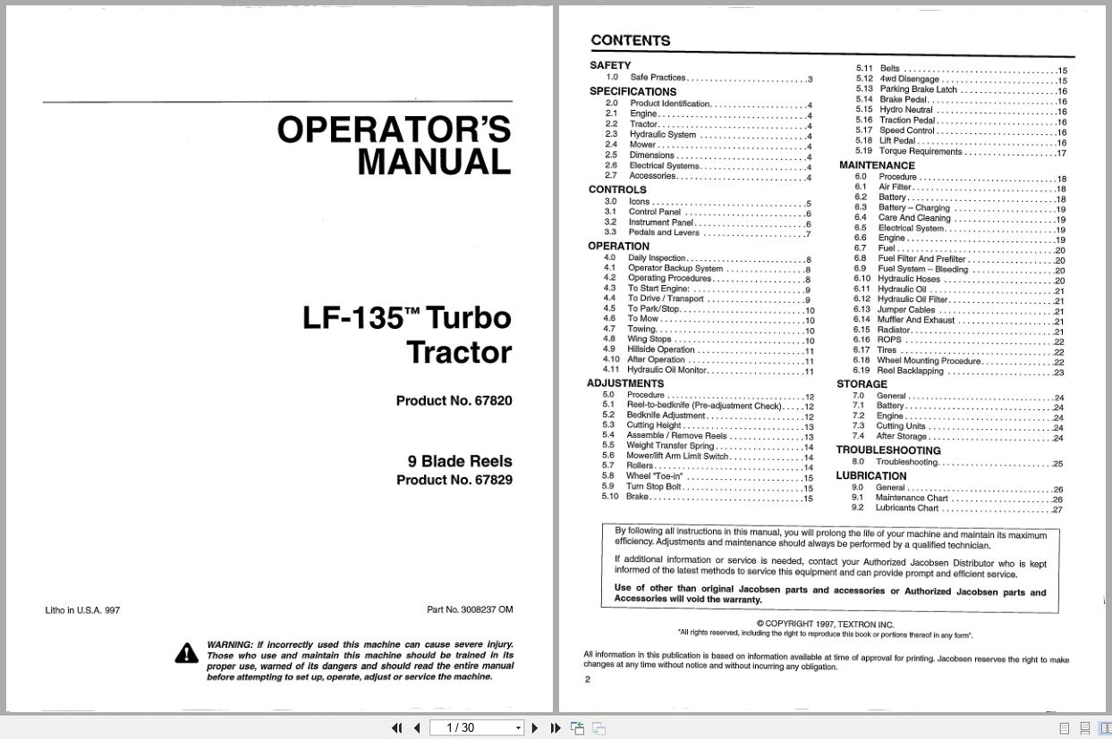 Jacobsen Tractor LF 135 Operators Manual And Parts List 3008237 1997 (1)