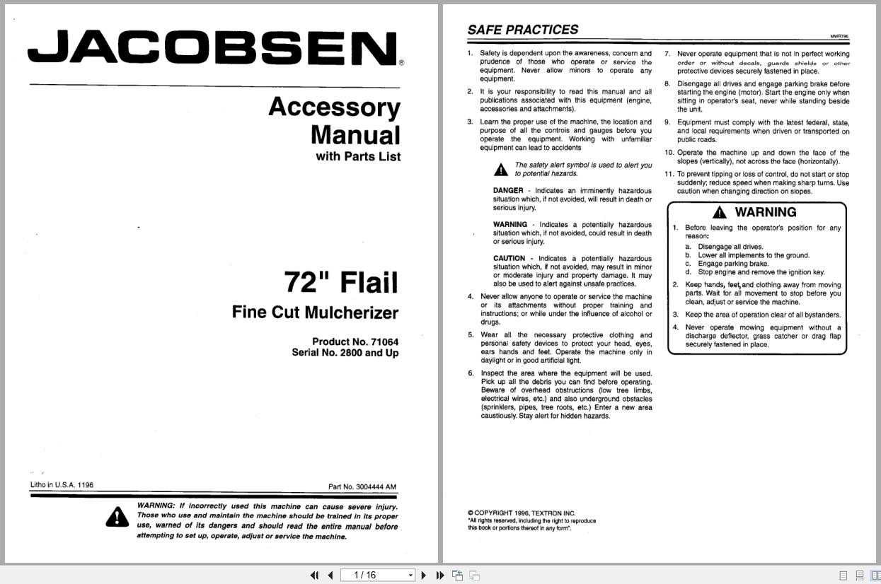 Jacobsen Tractor Mower Fail 72 Accessory Parts Manual 3004444 1996 (1)