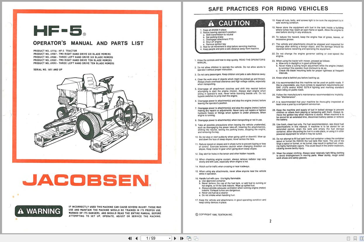 Jacobsen Tractor Mower HF 5 Operators Manual And Parts List 363861 1986 (1)