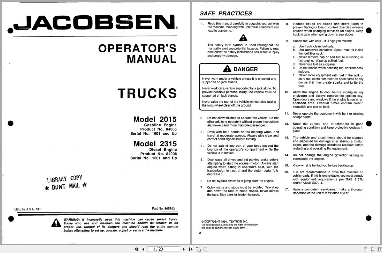 Jacobsen Truck 2015 2315 Operation Manual 365803 1990 (1)