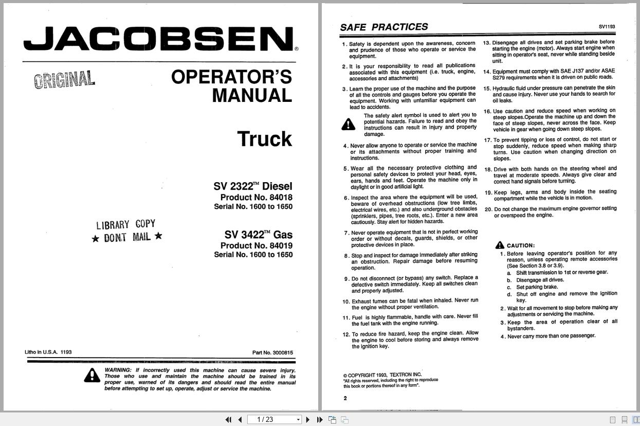 Jacobsen Truck SV2322 SV3422 Operation Manual 3000815 1993 (1)