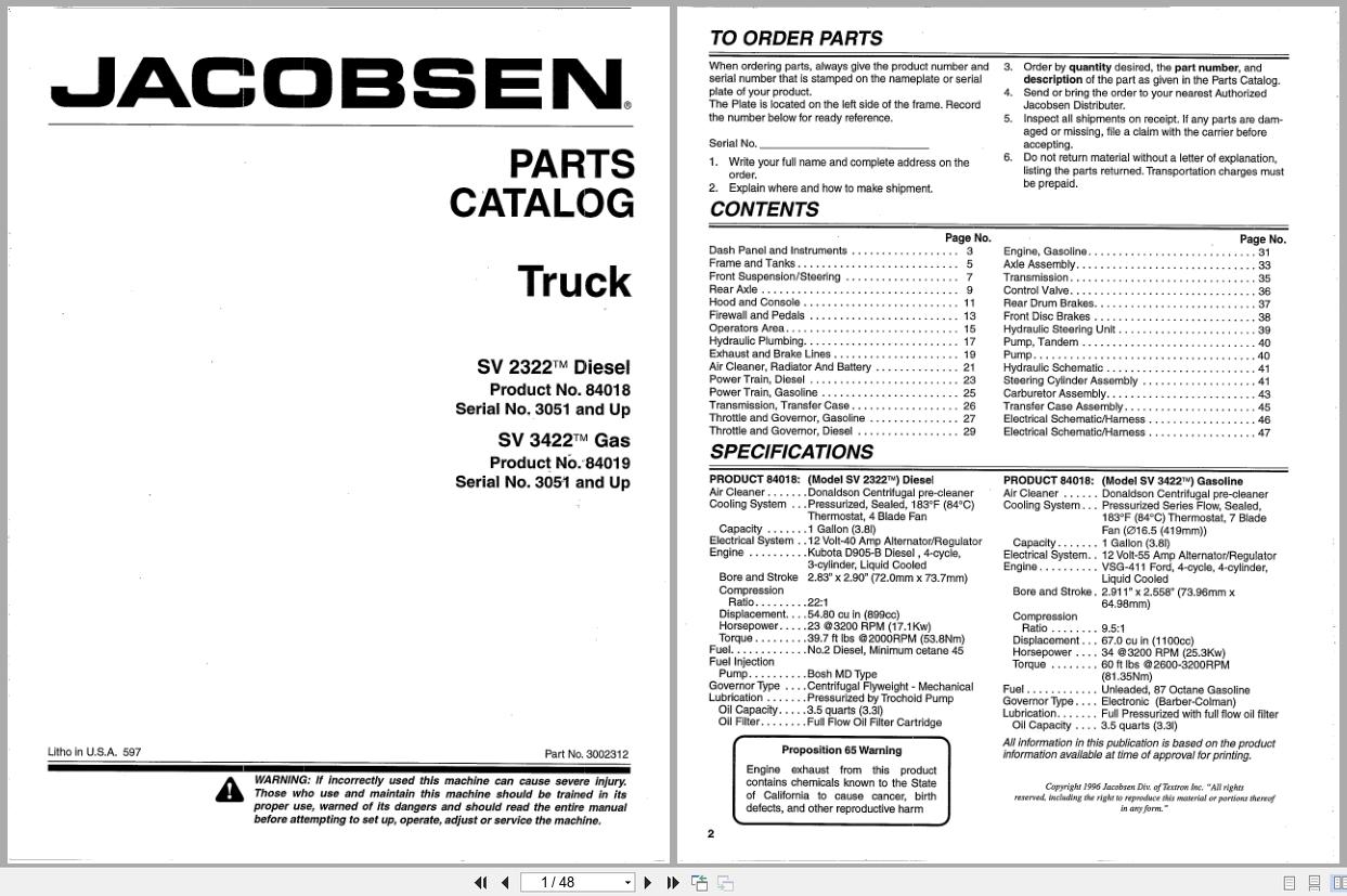 Jacobsen Truck SV2322 SV3422 Parts Catalogue 3002312 1996 (1)