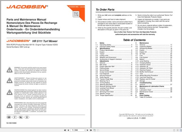 Jacobsen Turf Mower Hr 5111 Parts Maintenance Manual 4103524 Ml1 2000 (1)