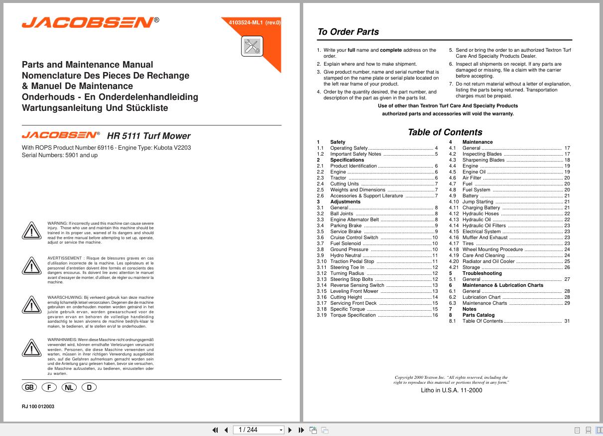 Jacobsen Turf Mower HR 5111 Parts Maintenance Manual 4103524 ML1 2000 (1)