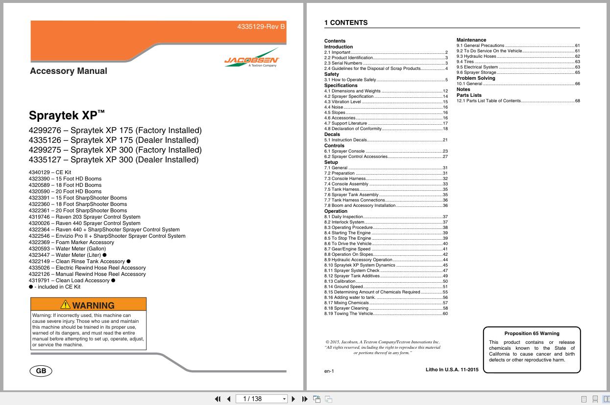 Jacobsen Turf Sprayer Vehicle SprayTek XP175 XP300 Accessory Parts Manual 4335129 A 2015 (1)