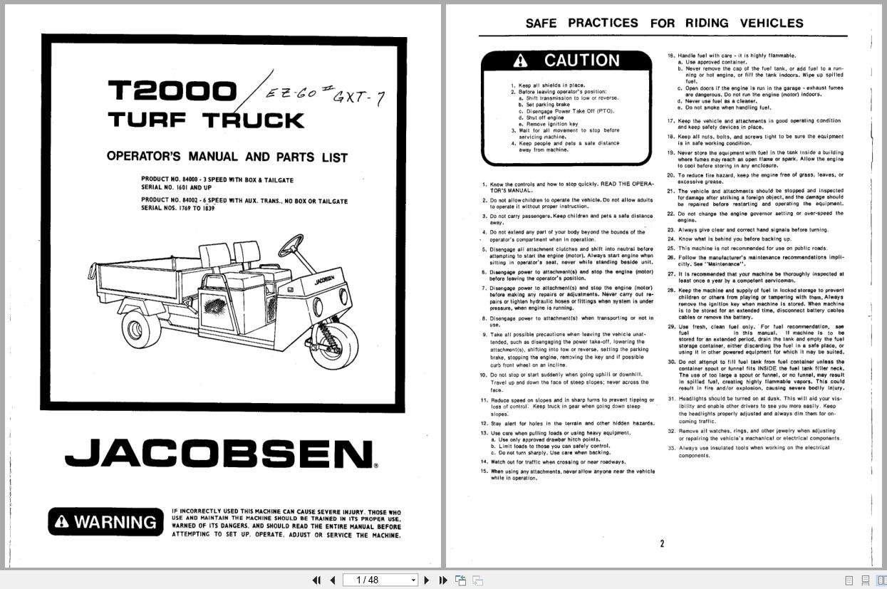 Jacobsen Turf Truck T2000 Operators Manual And Parts List 362909 (1)