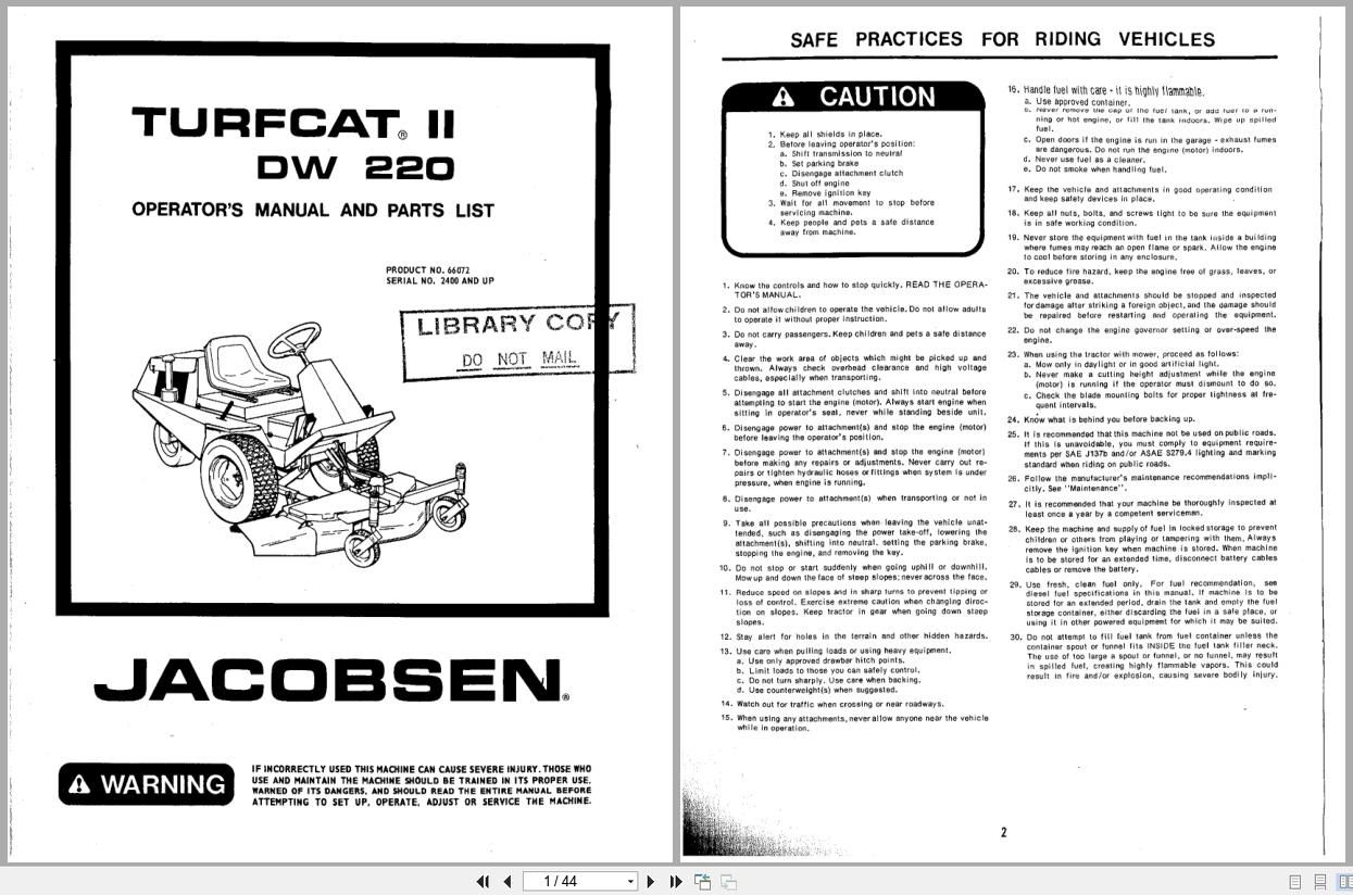 Jacobsen TurfCat II Tractor DW220 Operators Manual Parts List 362450 (1)