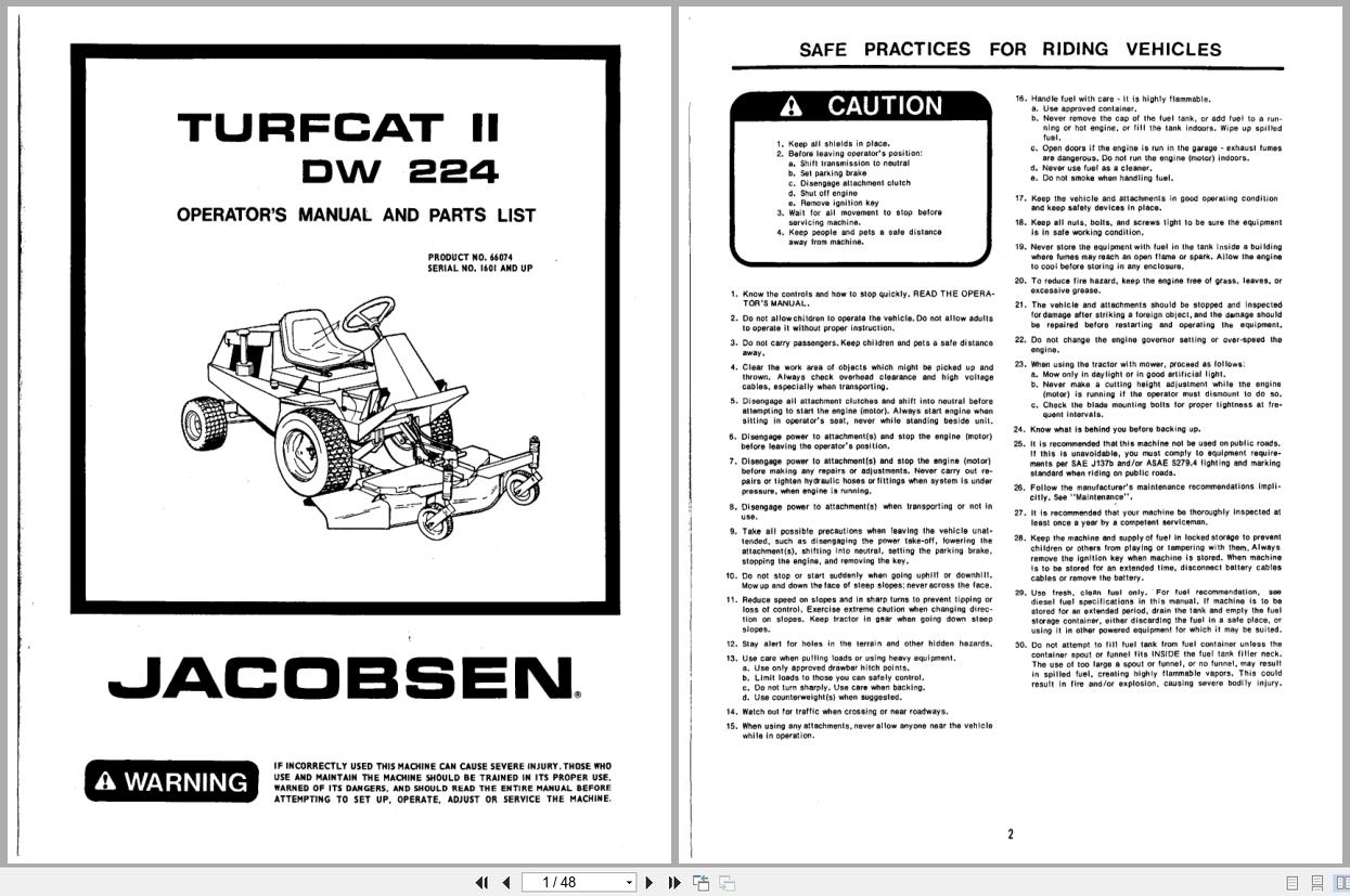 Jacobsen TurfCat II Tractor DW224 Operators Manual Parts List 362448 (1)