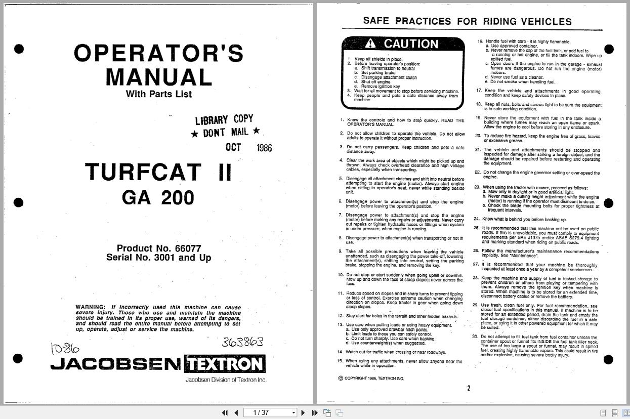 Jacobsen TurfCat II Tractor GA 200 Operators Manual Parts List 363863 1986 (1)