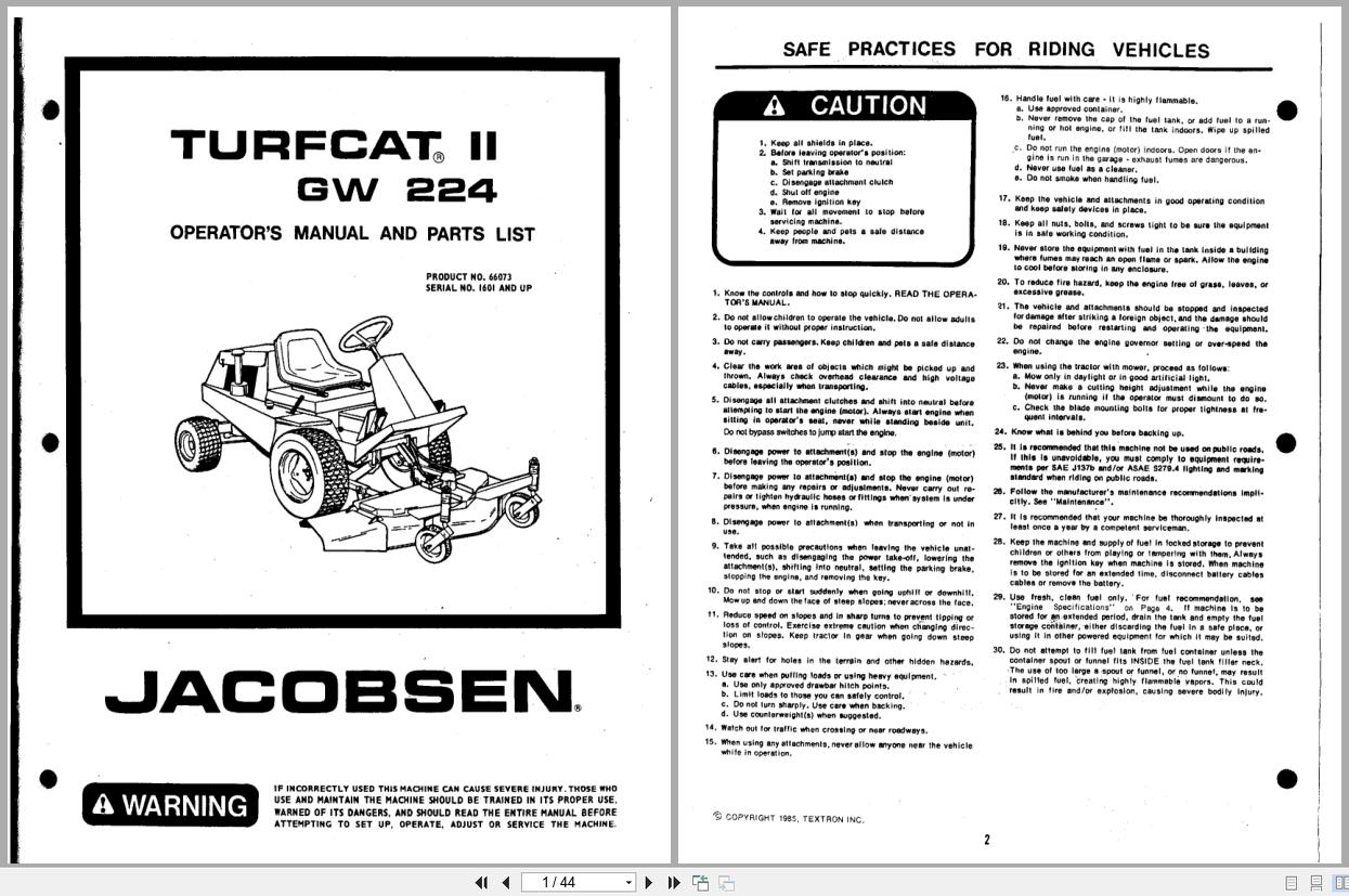 Jacobsen TurfCat II Tractor GW224 Operators Manual Parts List 362530 1985 (1)