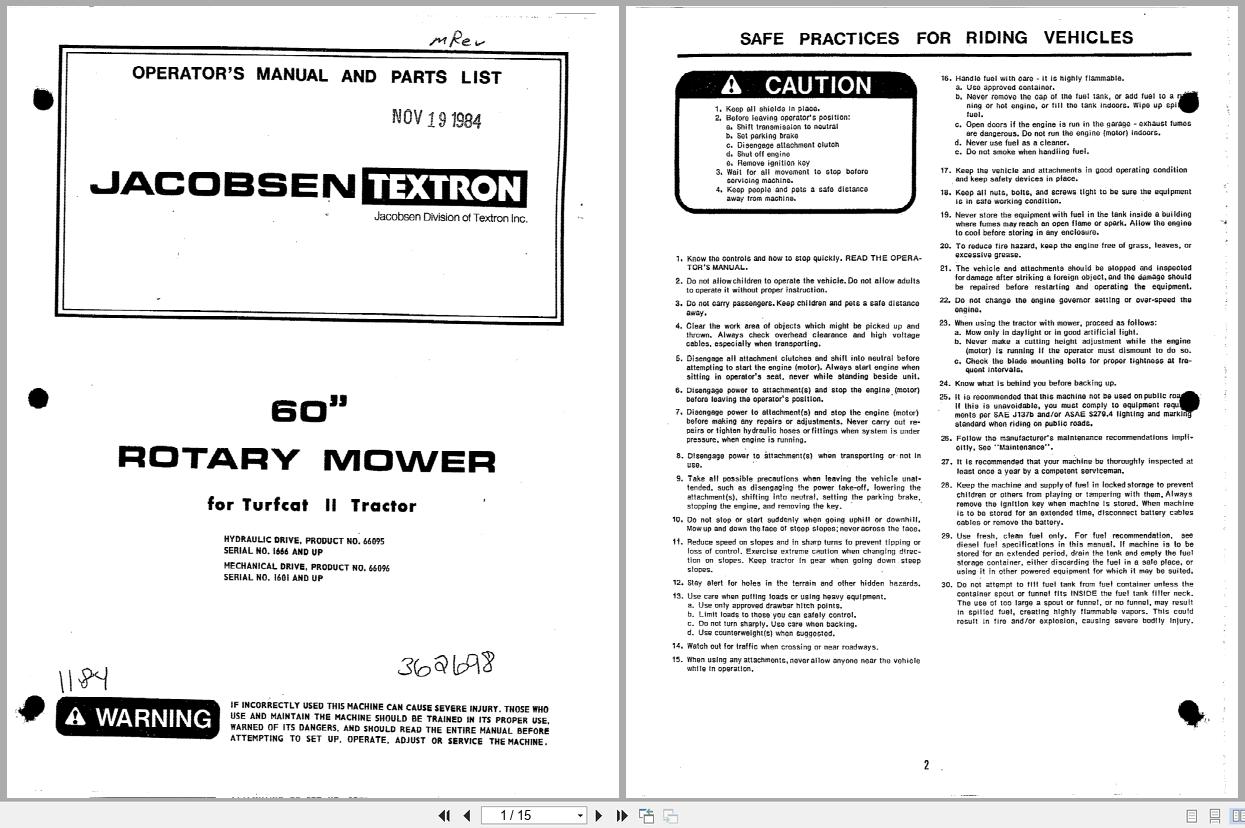 Jacobsen TurfCat II Tractor Rotary Mower 60 Operators Manual Parts List 362698 (1)