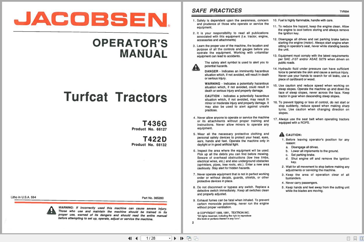 Jacobsen TurfCat Tractor 400 Series Operators Manual 365280 (1)