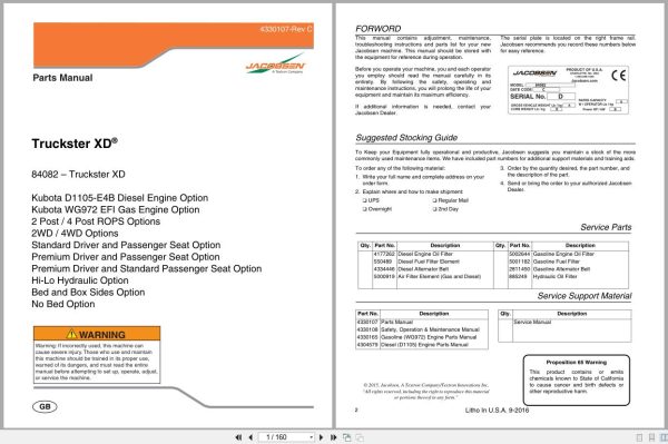 Jacobsen Utility Vehicle Truckster Xd Parts Manual 4330107 C 2016 (1)