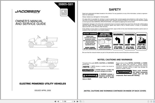 Jacobsen Utility Vehicles Hauler 800 1000 Owners Manual Service Guide 28805 2005 (1)