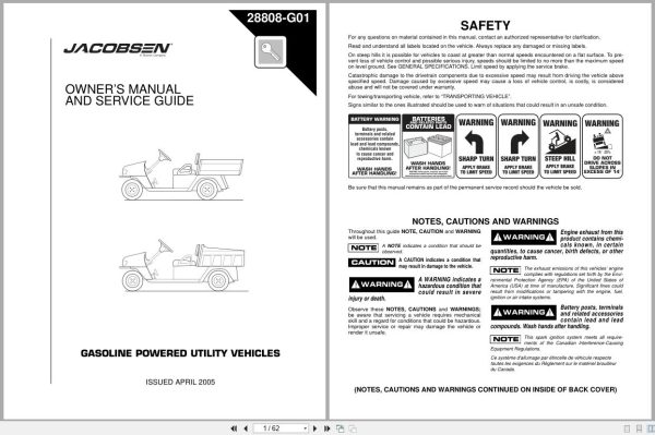 Jacobsen Utility Vehicles Hauler 800 1200 Owners Manual Service Guide 28808 2005 (1)