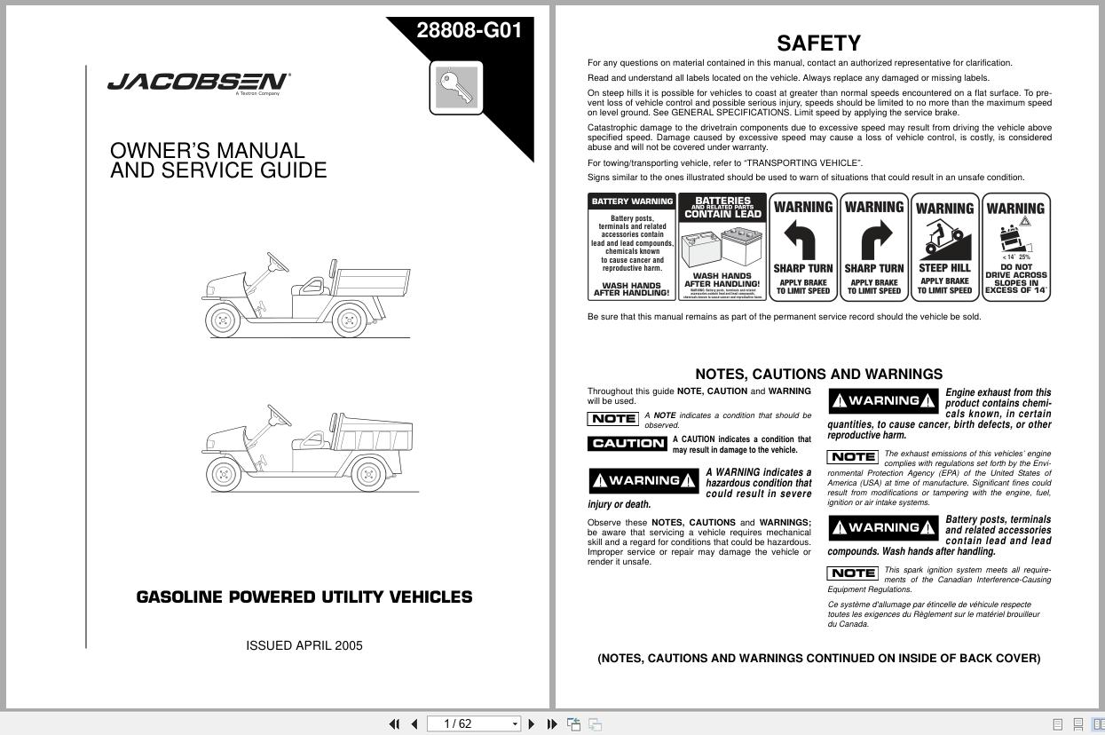 Jacobsen Utility Vehicles Hauler 800 1200 Owners Manual Service Guide 28808 2005 (1)