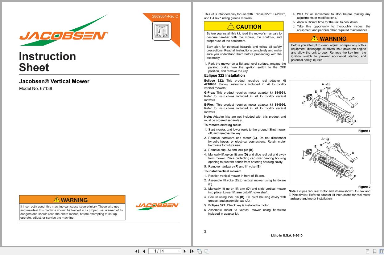 Jacobsen Vertical Mower Eclipse 360 ELiTE 360 GP400 Instruction Sheet 2809654 C 2010 (1)