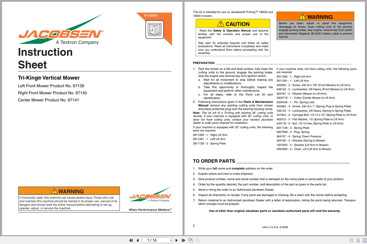 Jacobsen Vertical Mower Tri King TR320 TR330 Instruction Sheet 4113401 2006 (1)