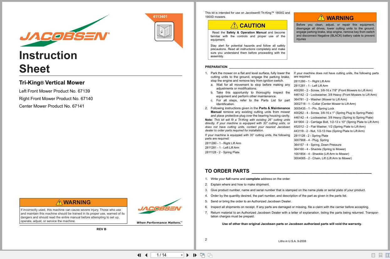 Jacobsen Vertical Mower Tri King TR320 TR330 Instruction Sheet 4113401 B 208 (1)