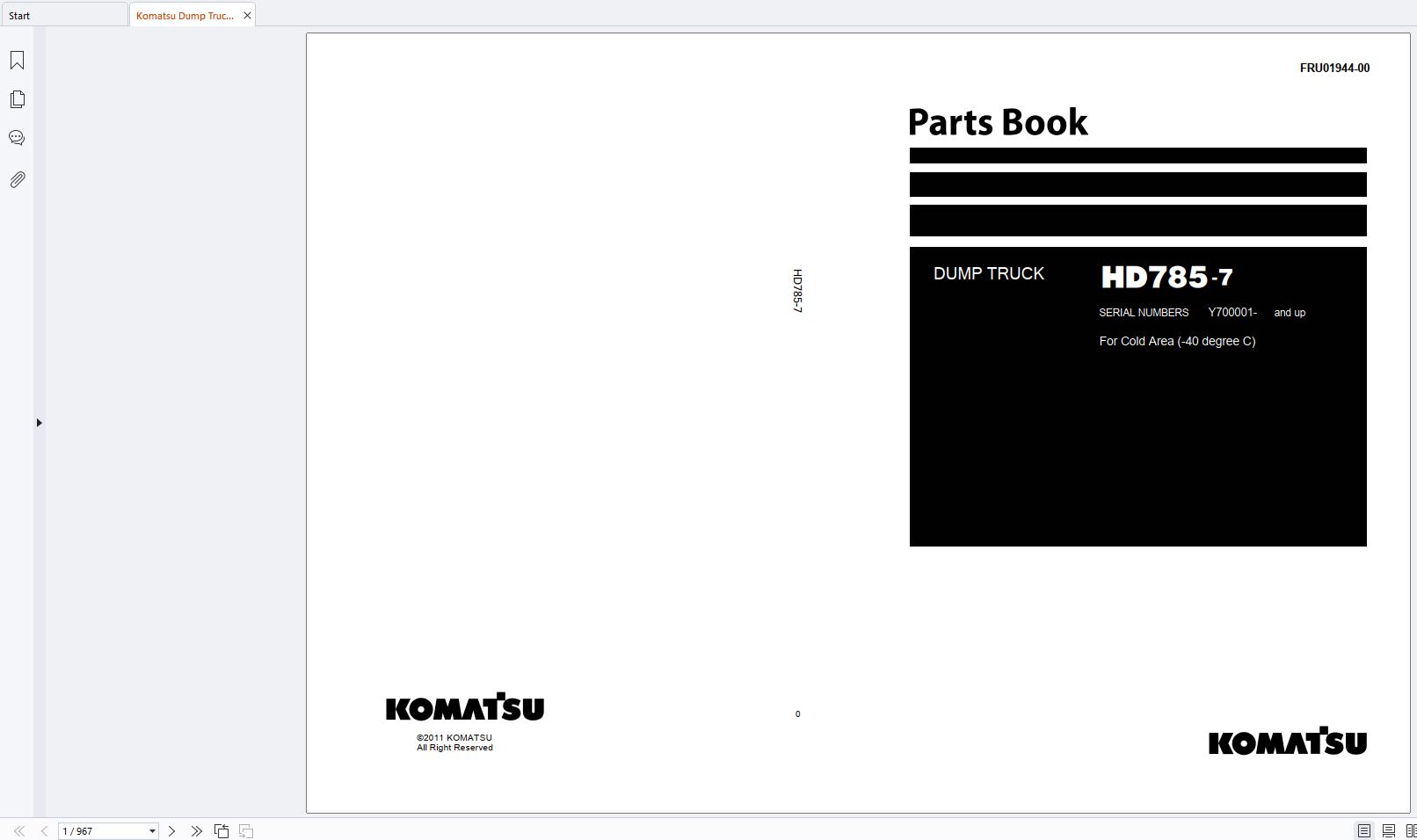 Komatsu Dump Truck HD785 7 Parts Book FRU01944 00 2011 EN 1