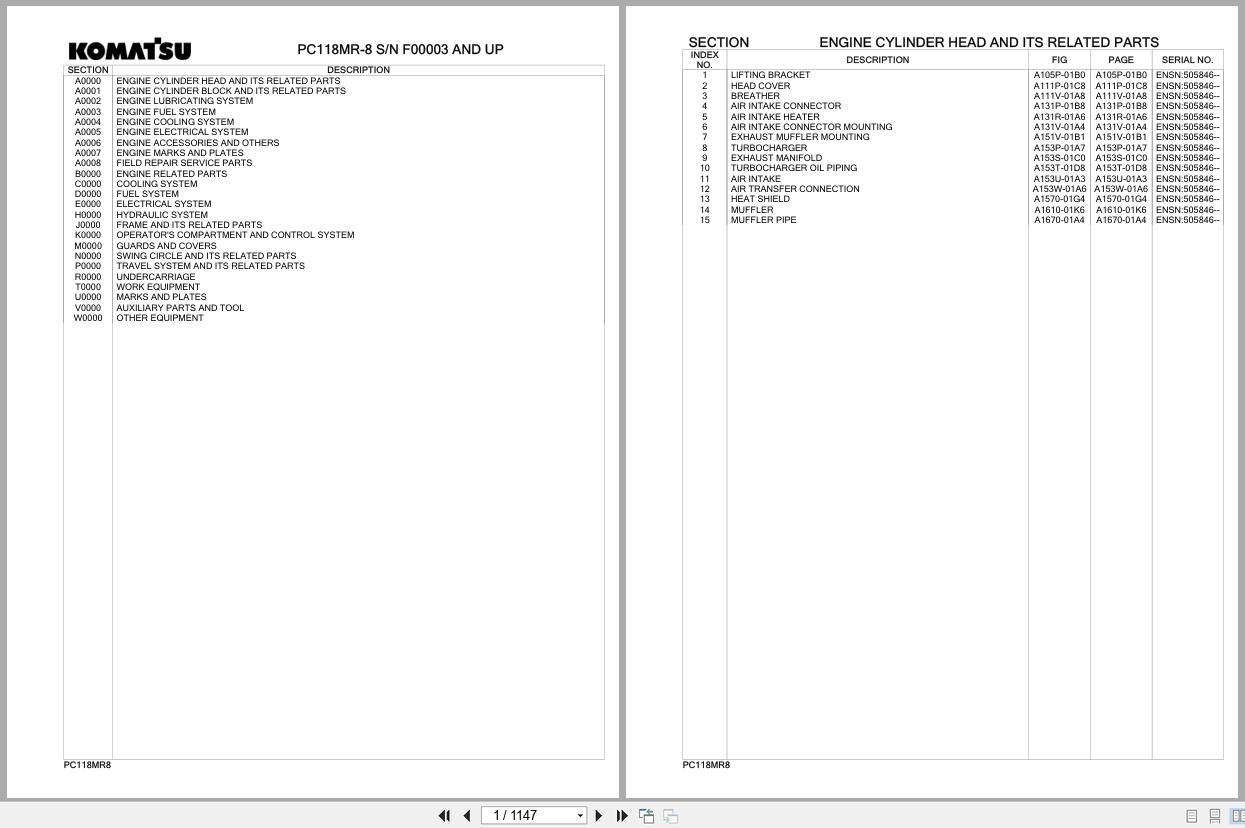 Komatsu Excavator PC118MR 8 SN F00003 And Up Parts Catalog 1