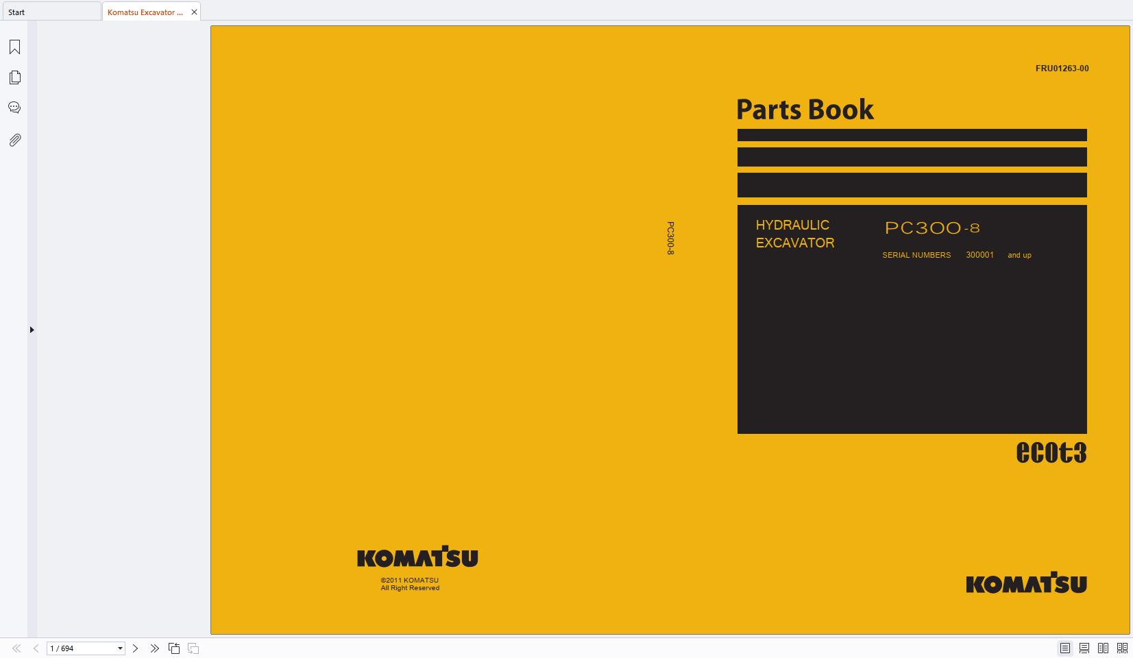 Komatsu Excavator PC300 8 Parts Book FRU01263 00 2011 EN 1