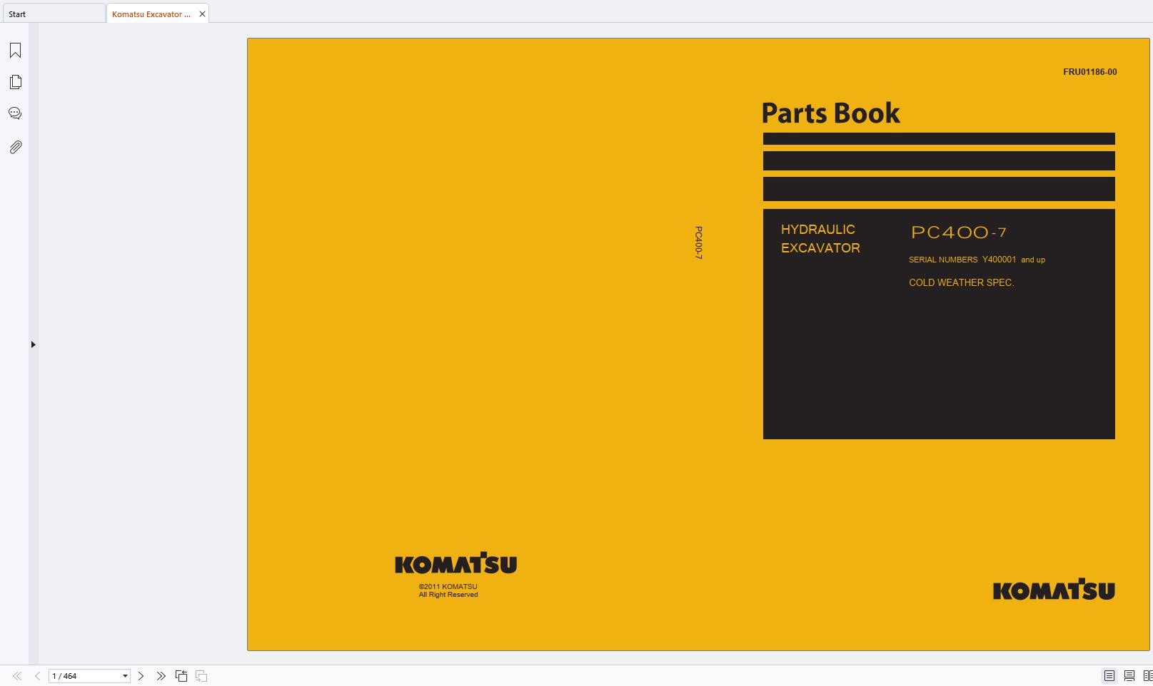 Komatsu Excavator PC400 7 Parts Book FRU01186 00 2011 EN 1