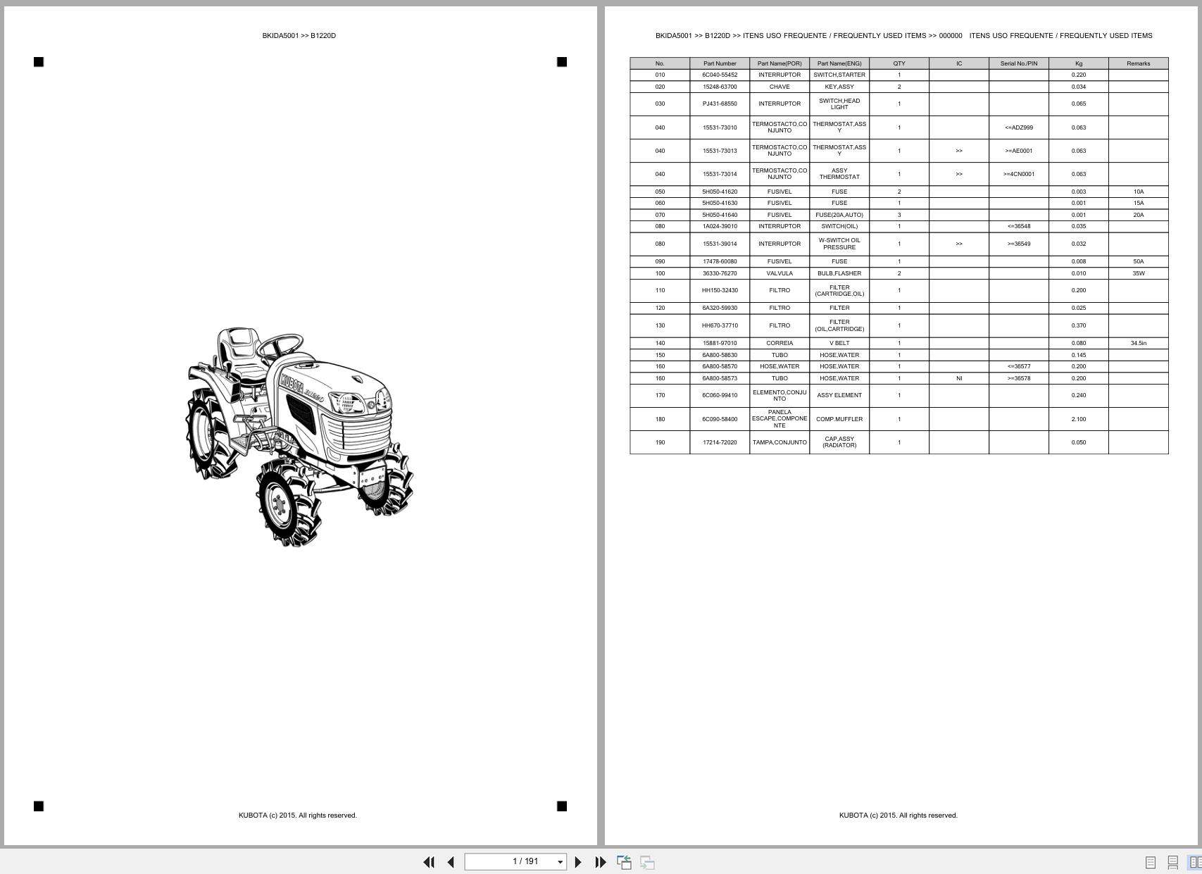 Kubota Compact Tractor B1220D Spare Parts Catalog EN PT (1)