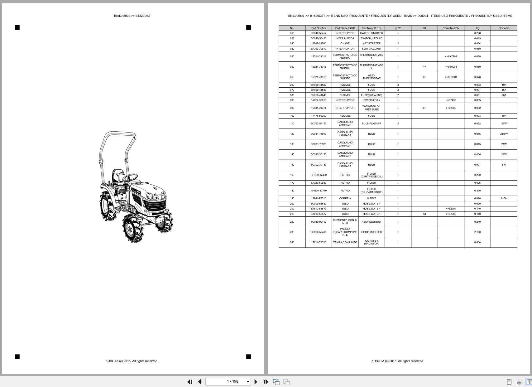Kubota Compact Tractor B1820DST Spare Parts Catalog EN PT (1)