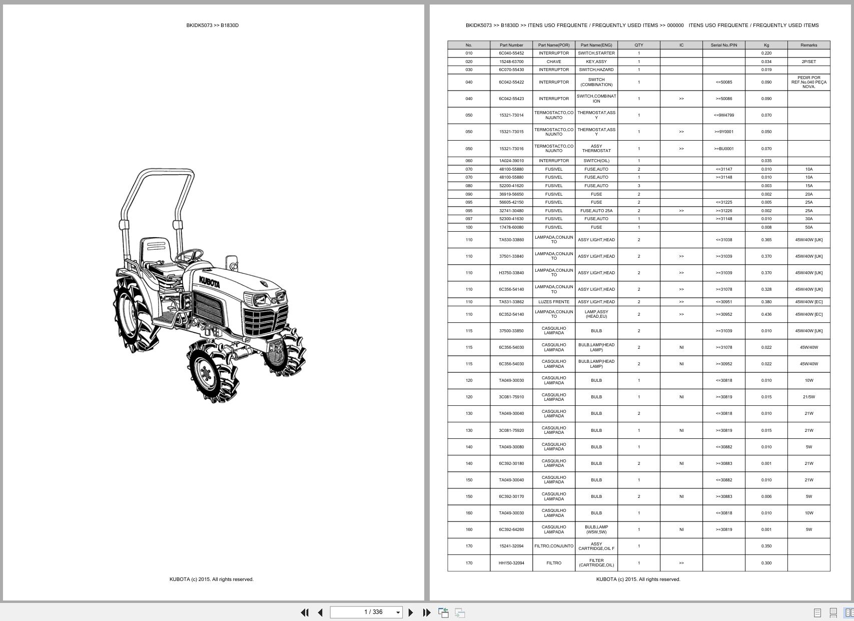 Kubota Compact Tractor B1830D Spare Parts Catalog EN PT (1)