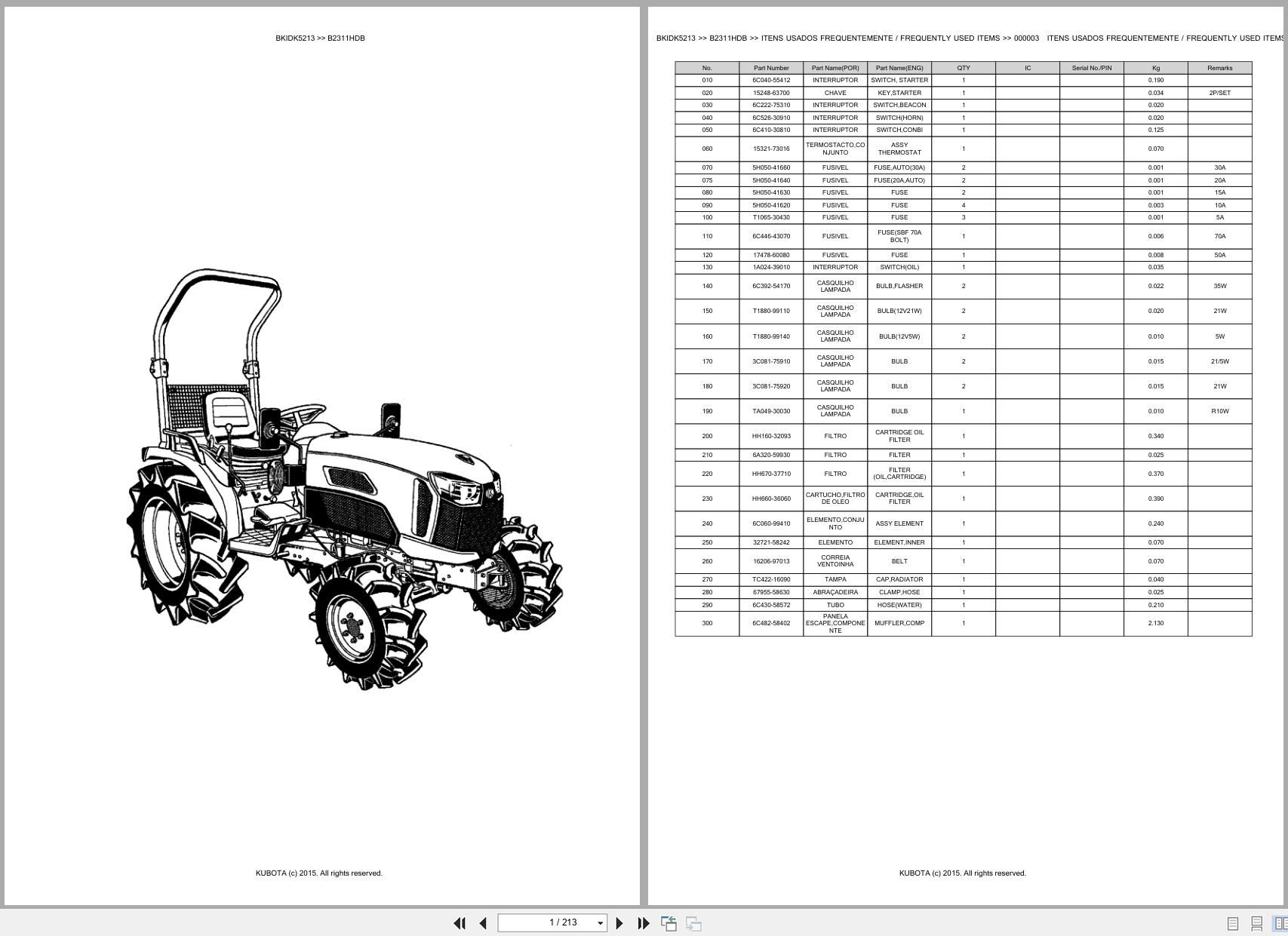 Kubota Compact Tractor B2311HDB Spare Parts Catalog EN PT (1)
