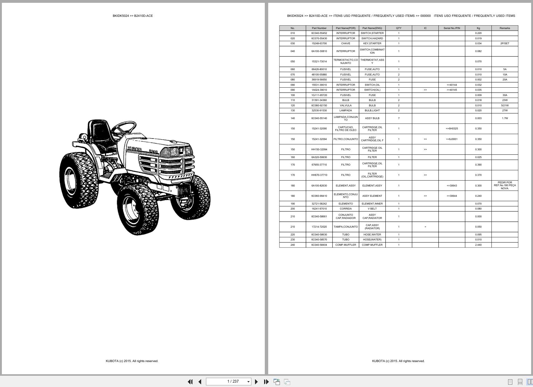 Kubota Compact Tractor B2410D ACE Spare Parts Catalog EN PT (1)