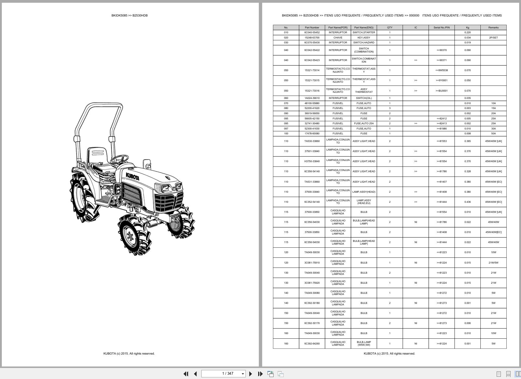Kubota Compact Tractor B2530HDB Spare Parts Catalog EN PT (1)