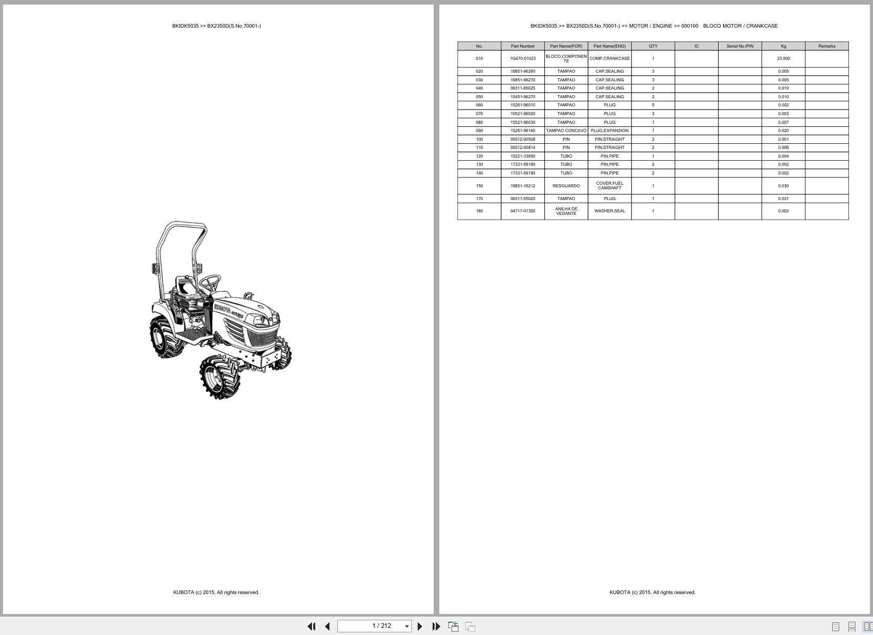 Kubota Compact Tractor BX2350D 70001 Spare Parts Catalog EN PT (1)