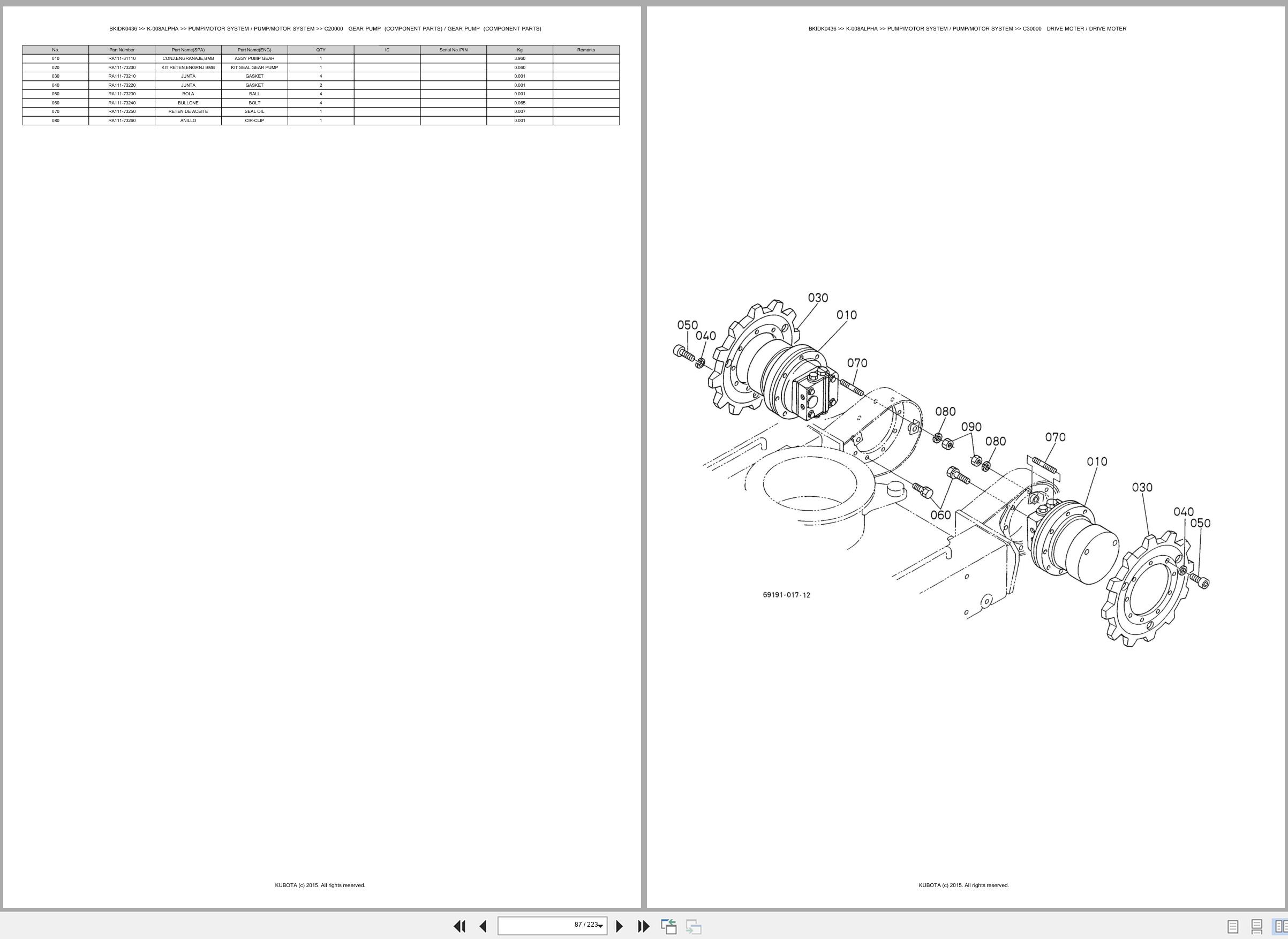 Kubota Excavator K 008ALPHA Spare Parts Catalog EN ES (2)