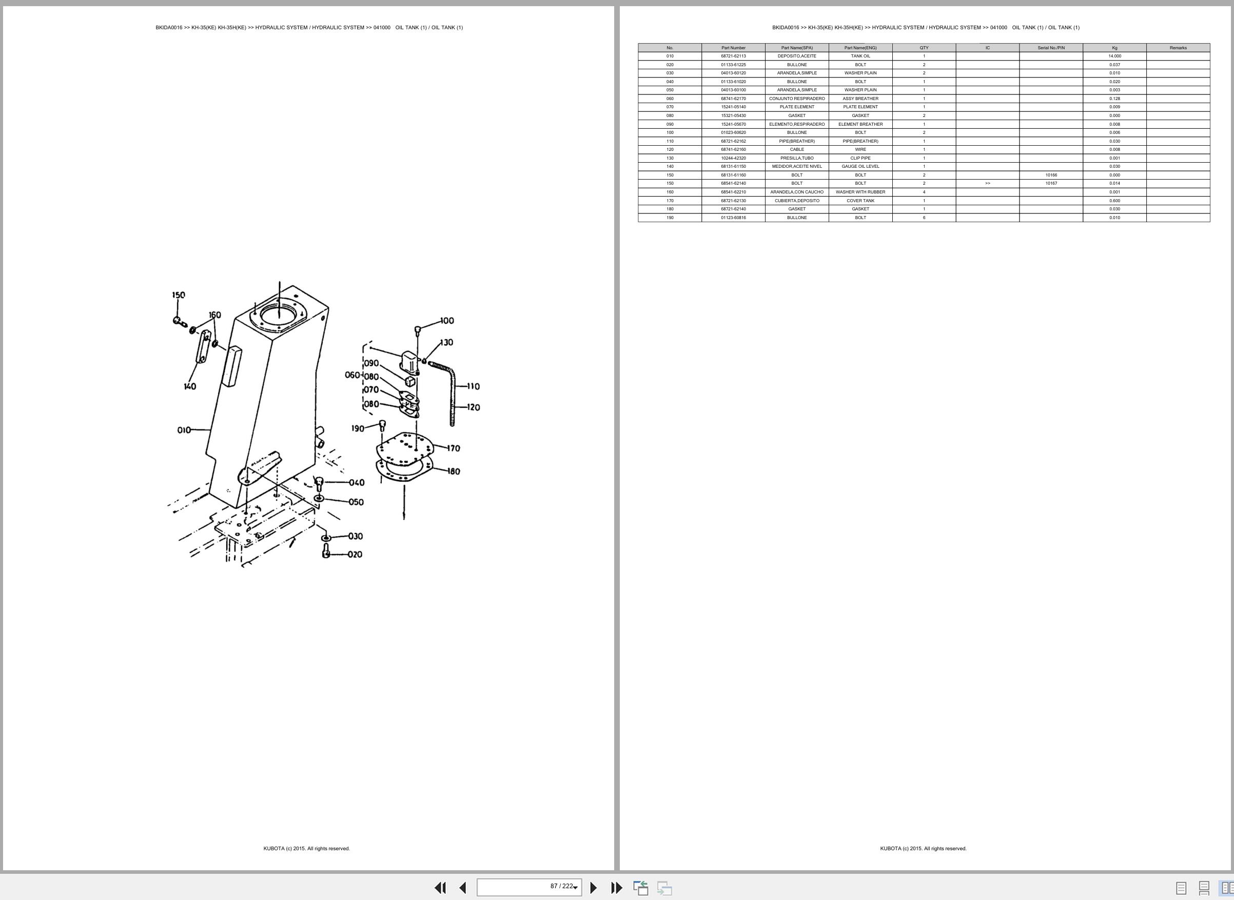 Kubota Excavator KH 35 KH 35KE KH 35H KH 35HKE Spare Parts Catalog EN ES (2)
