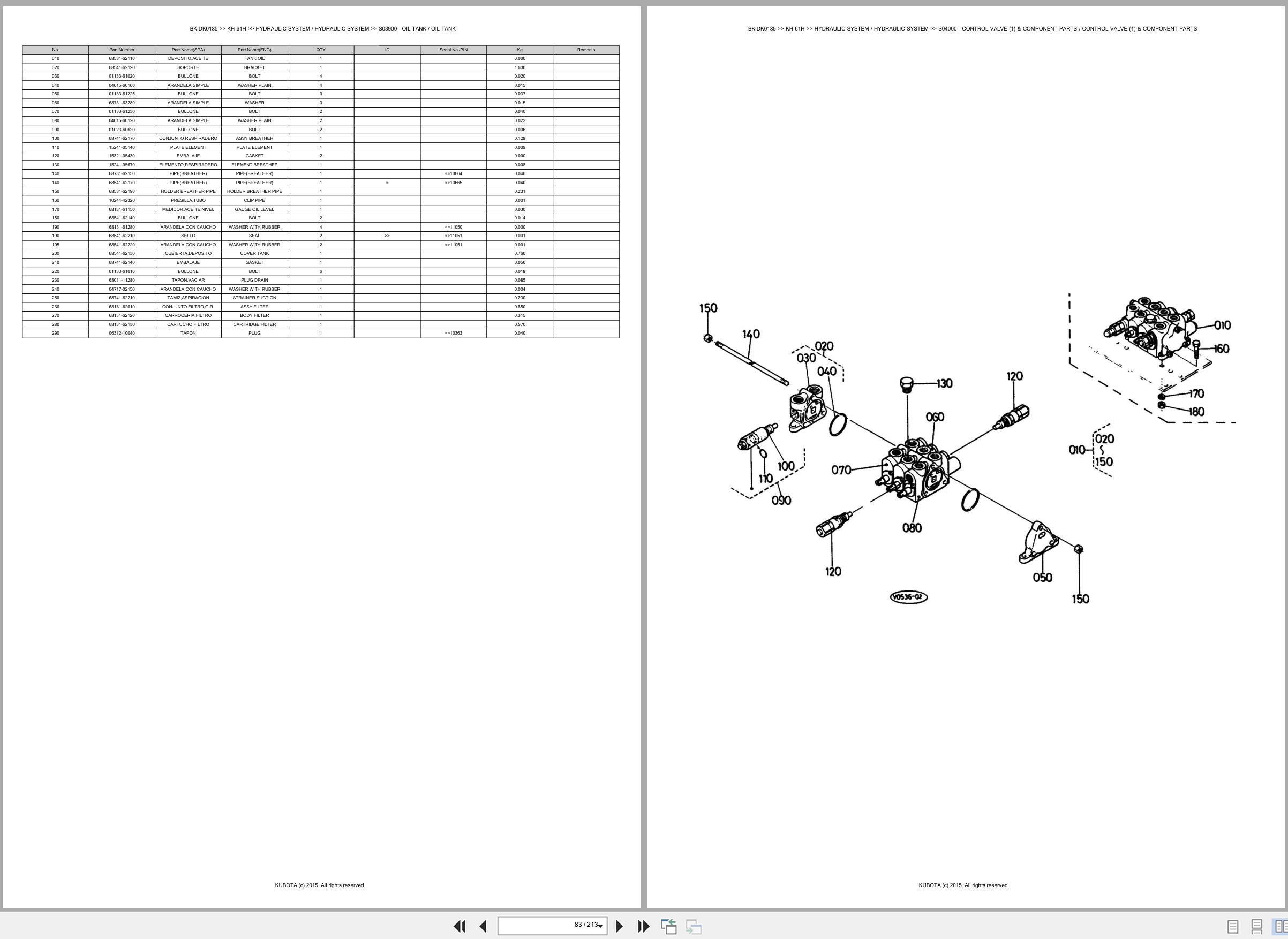 Kubota Excavator KH 61H Spare Parts Catalog EN ES (2)