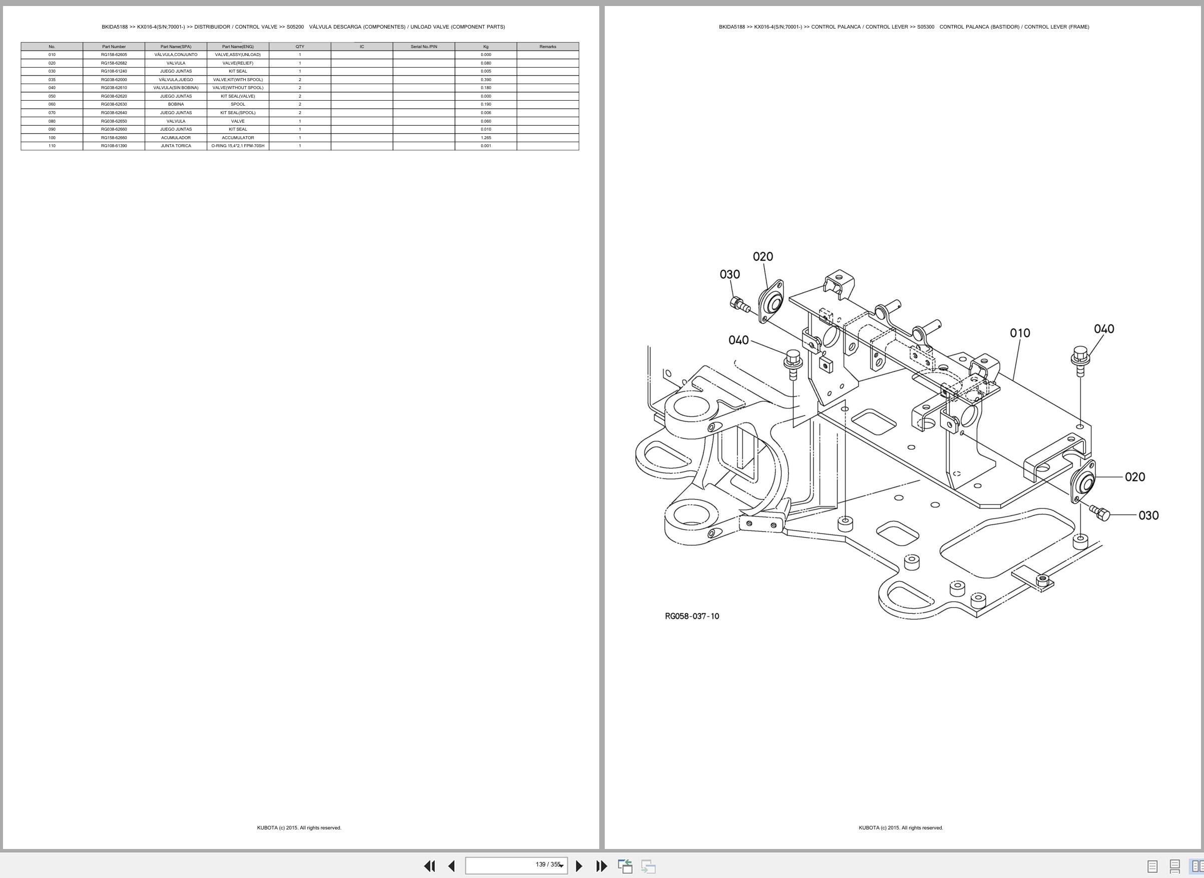 Kubota Excavator KX016 4 70001 Spare Parts Catalog EN ES (2)