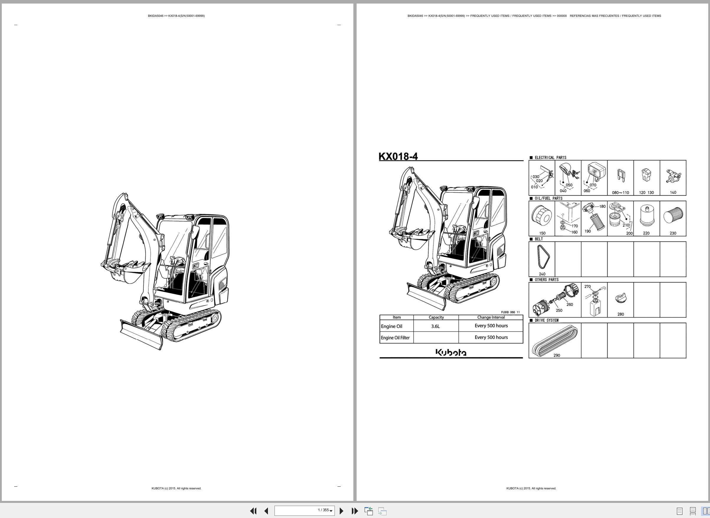 Kubota Excavator KX018 4 50001 69999 Spare Parts Catalog EN ES (1)