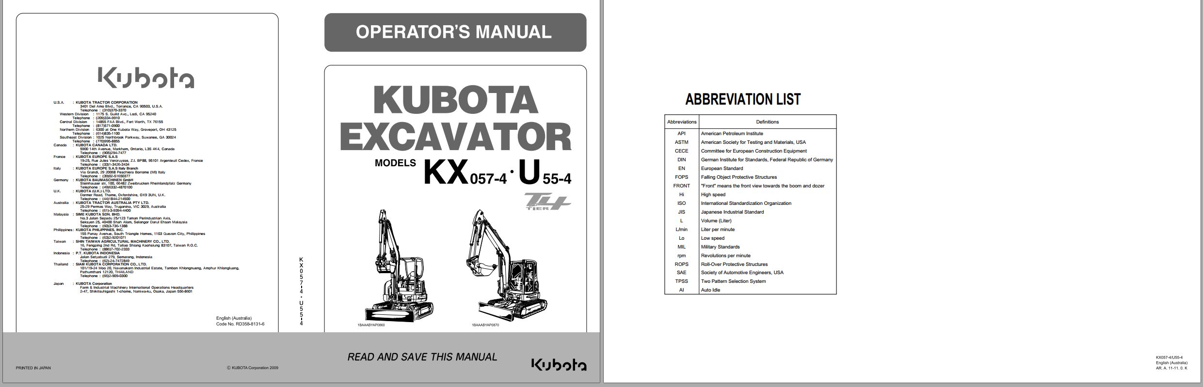 Kubota Excavator KX057 4 U55 4 Tier 4 Operators Manual RD358 8131 6 2009 1