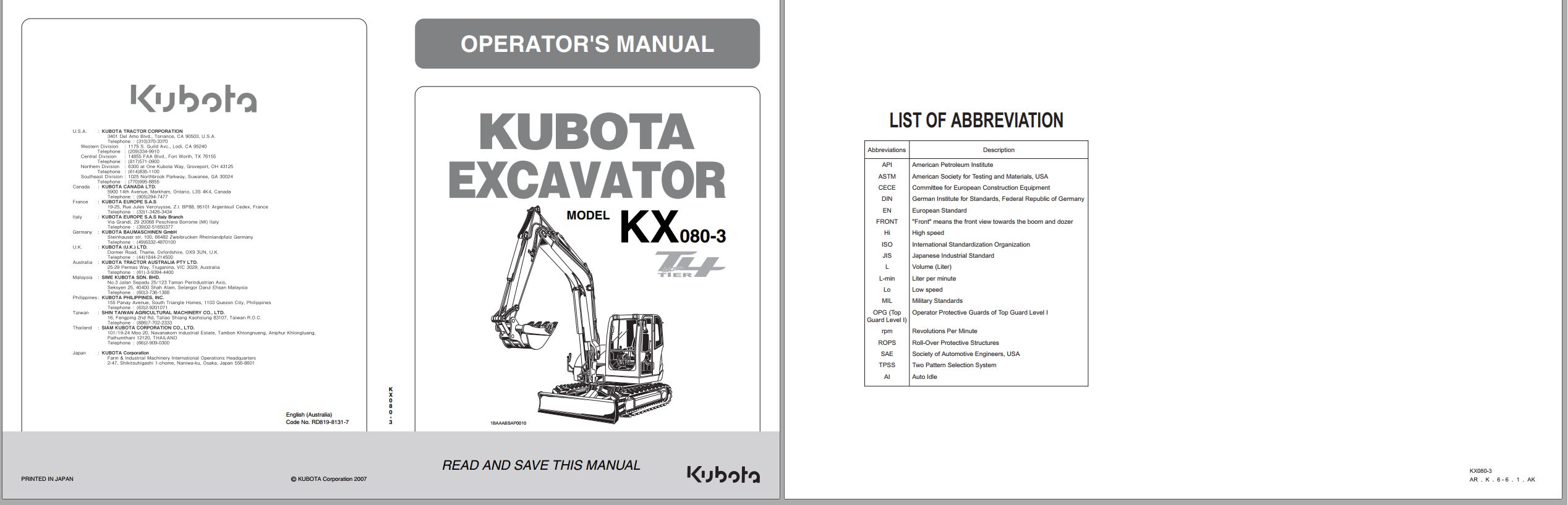 Kubota Excavator KX080 3 Tier 4 Operators Manual RD819 8131 7 2007 1