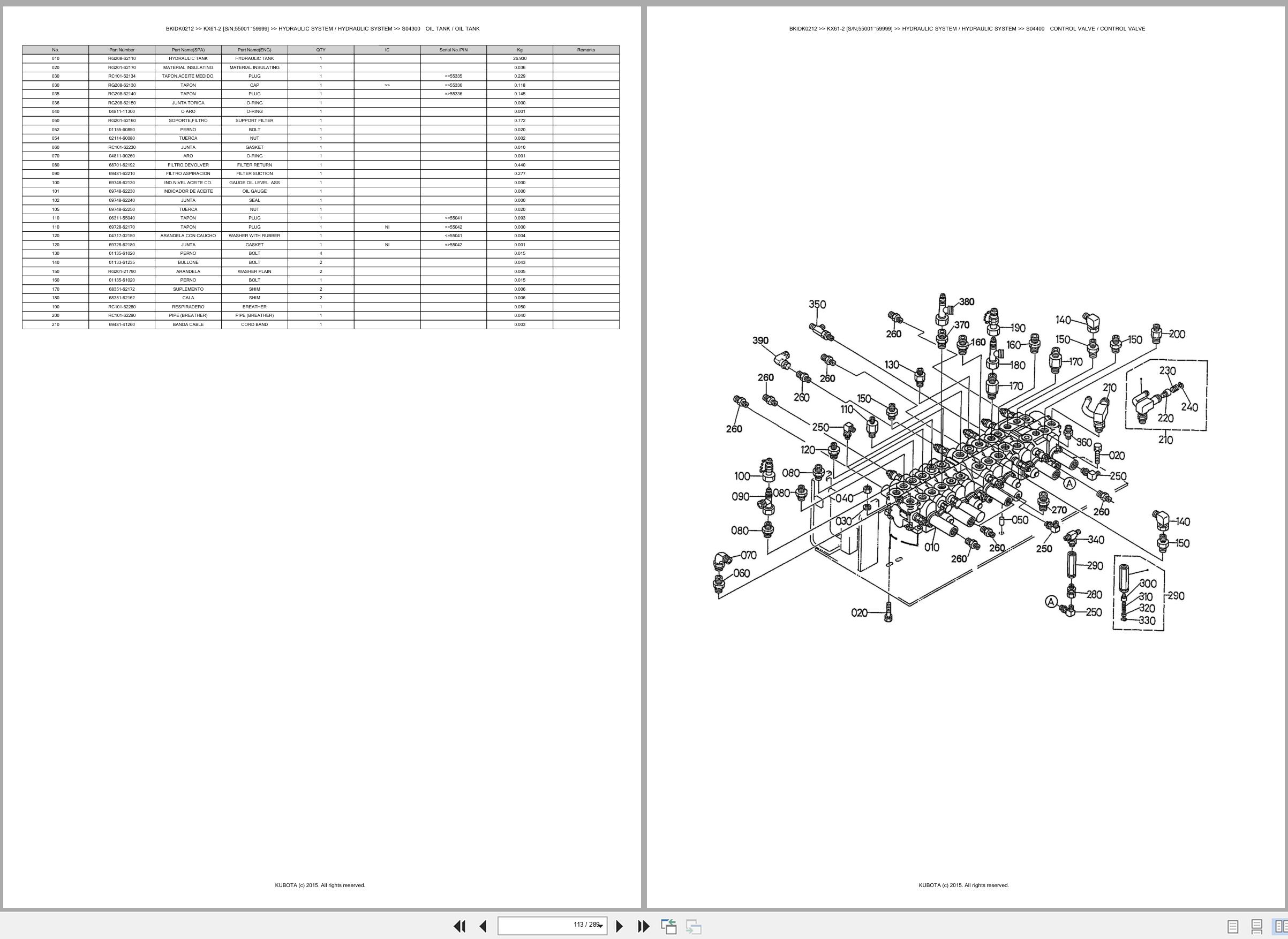Kubota Excavator KX61 2 55001 59999 Spare Parts Catalog EN ES (2)