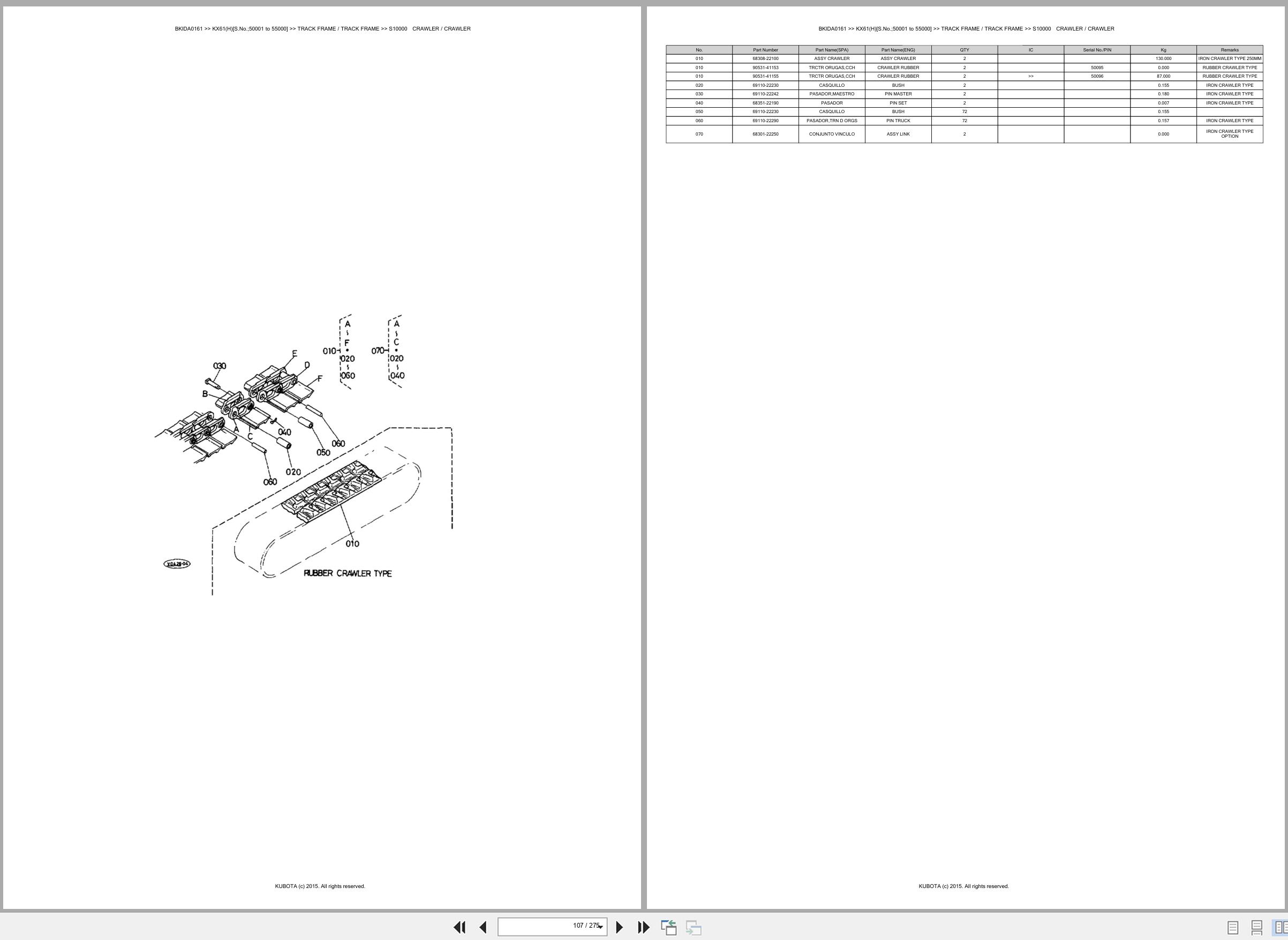 Kubota Excavator KX61 KX61H 50001 55000 Spare Parts Catalog EN ES (2)